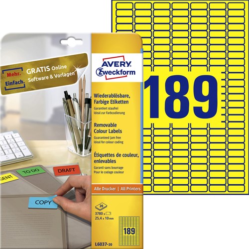 Etiket Avery L6037-20 25.4x10mm geel 3780 stuks