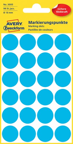 Etiket Avery 3005 rond 18mm blauw 96 stuks