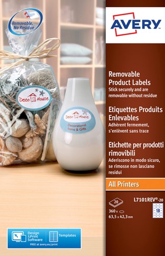 Etiket Avery L7101REV-20 63.5x42.3mm mat wit 360 stuks