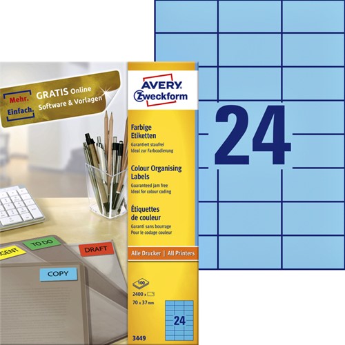 Etiket Avery 3449 70x37mm blauw 2400 stuks