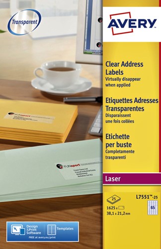 Etiket Avery L7551-25 38.1x21.1mm transparant 1625 etiketten