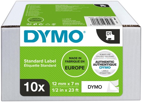 Labeltape Dymo LabelManager D1 polyester 12mm zwart op wit 10 stuks