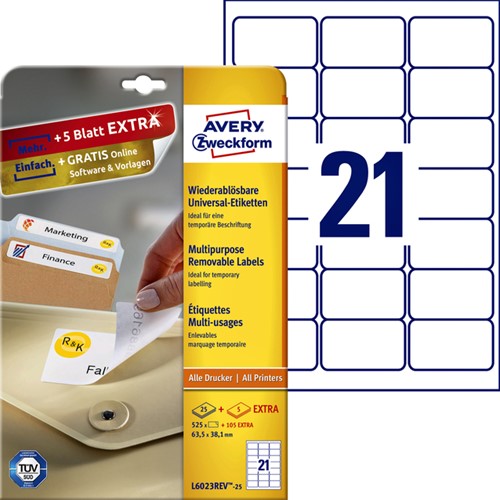Etiket Avery L6023REV-25 63.5x38.1mm afneembaar wit 525 stuks