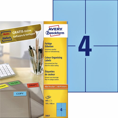 Etiket Avery 3457 105x148mm A6 blauw 400 stuks