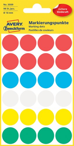 Etiket Avery 3089 rond 18mm assorti 96 stuks
