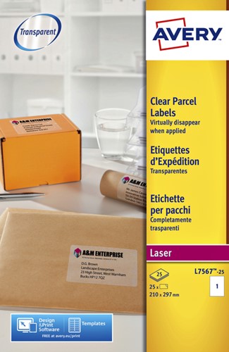 Etiket Avery L7567-25 210x297mm transparant 25 stuks
