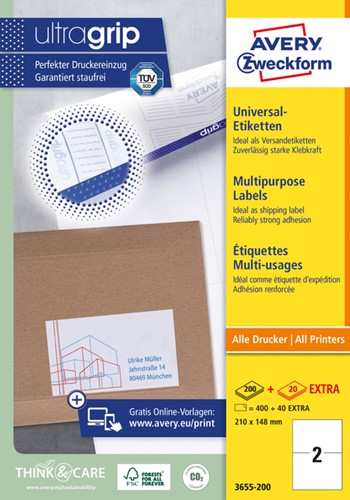 Etiket Avery Zweckform 3655-200 210x148mm A5 wit 400stuks