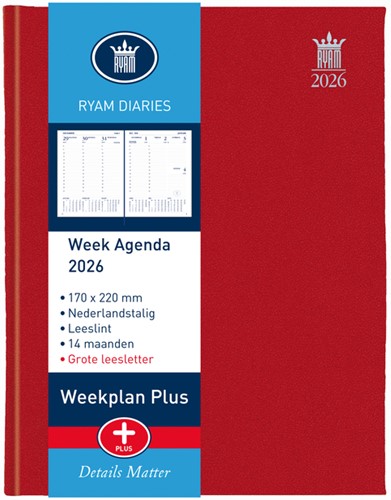 Agenda 2026 Ryam Weekplan Plus Mercury 7dagen/2pagina's rood