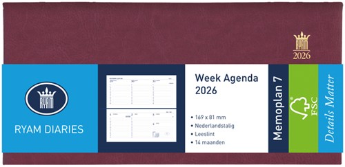 Agenda 2026 Ryam Memoplan 7 Mundior 7dagen/2pagina's landscape bordeaux