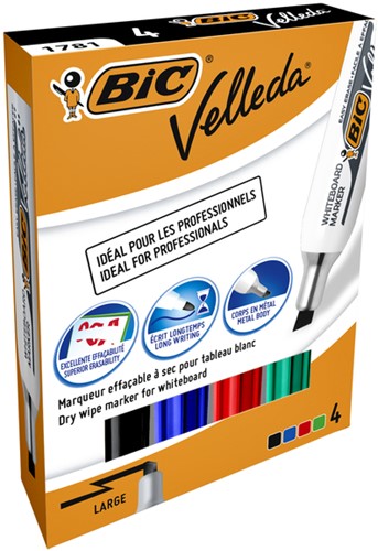 Viltstift Bic Velleda 1781 whiteboard schuin large assorti 4 stuks