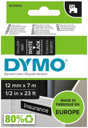Labeltape Dymo LabelManager D1 polyester 12mmx7m wit op zwart