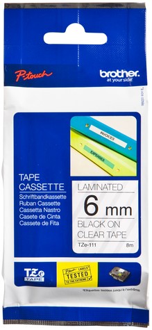Labeltape Brother P-touch TZe-111 standaard 6mm zwart op transparant