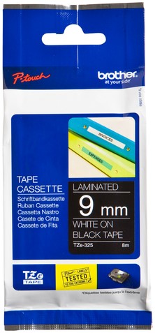 Labeltape Brother P-touch TZe-325 standaard 9mm wit op zwart