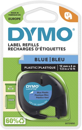 Labeltape Dymo LetraTag plastic 12mm zwart op blauw