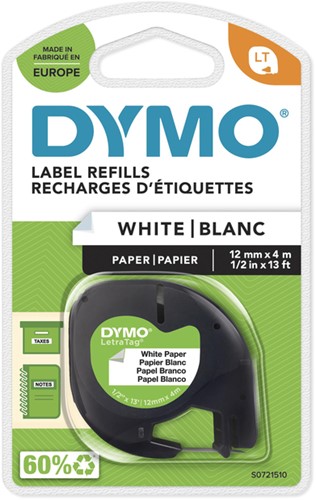 Labeltape Dymo LetraTag papier 12mm zwart op wit