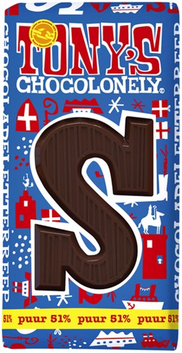 Chocoladeletter Tony's Chocolonely puur S 180gr