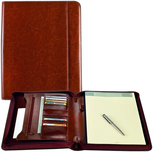 Schrijfmap Brepols Palermo luxe A4 met rits incl schrijfblok bruin