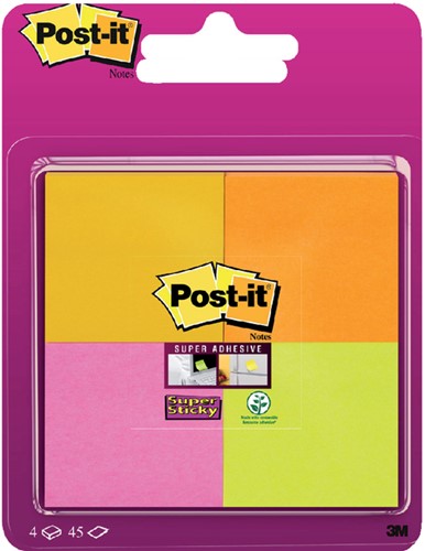Memoblok Post-it 6910 Super Sticky 51x51mm assorti 4 stuks