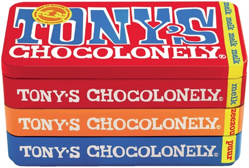 Chocolade Tony's Chocolonely puur-melk en karamel zeezout blik 540gr