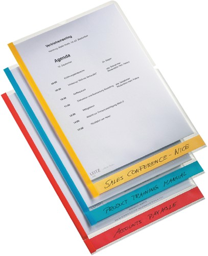Insteekmap L-model Leitz premium A4 0.15mm PP gekleurde rand transparant 6 stuks
