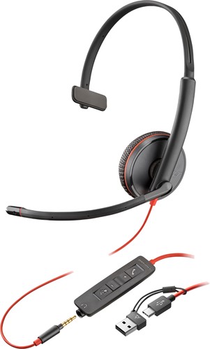 HP Poly Blackwire 3215 Monaural USB-C Headset + 3,5 mm plug + USB-C/A adapter