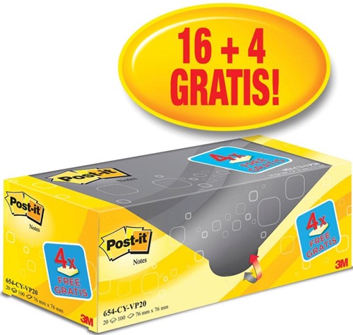 Memoblok 3M Post-it 654-CY-VP20 76x76mm geel 16+4 gratis-2