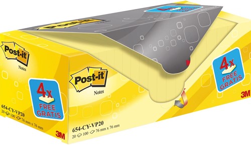 Memoblok 3M Post-it 654-CY-VP20 76x76mm geel 16+4 gratis
