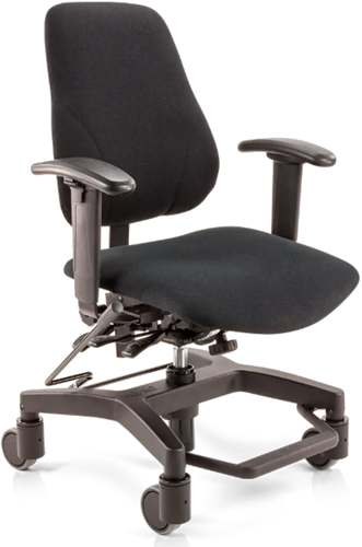 Bureaustoel Score Trippel 5000 Vier lichtlopende wielen met handrem, synchroon mechaniek, schuifzitting +6 cm, hoogte verstelling 45-53 cm, 2D arm hoogte en breedte instelb,bekleding Trevira zwart.		 