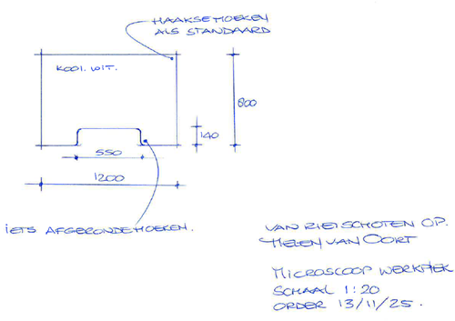 Bureaublad 1200x800x25 mm K001 wit met uisparing van 550mm breed en 140 mm diep met afgeronde hoeken.